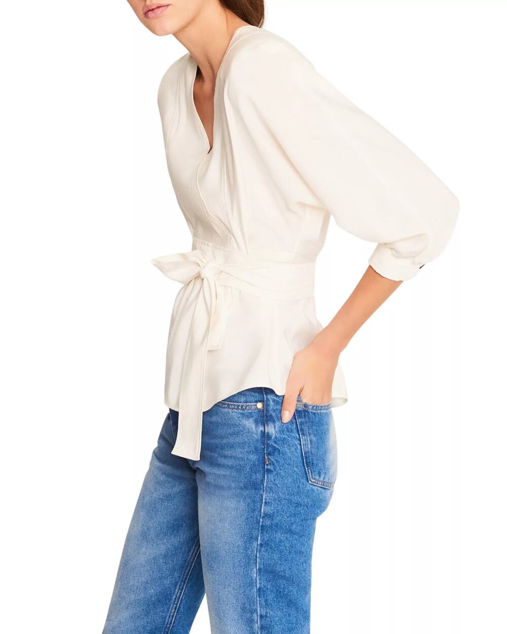 ba&sh Cola 3/4 Sleeve Belted Crossover Blouse Top Cream Women's Size 2 NWT